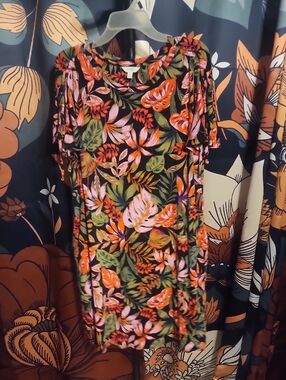 Terra & Sky Black Mini Dress with Orange, Pink & Green Tropical Print